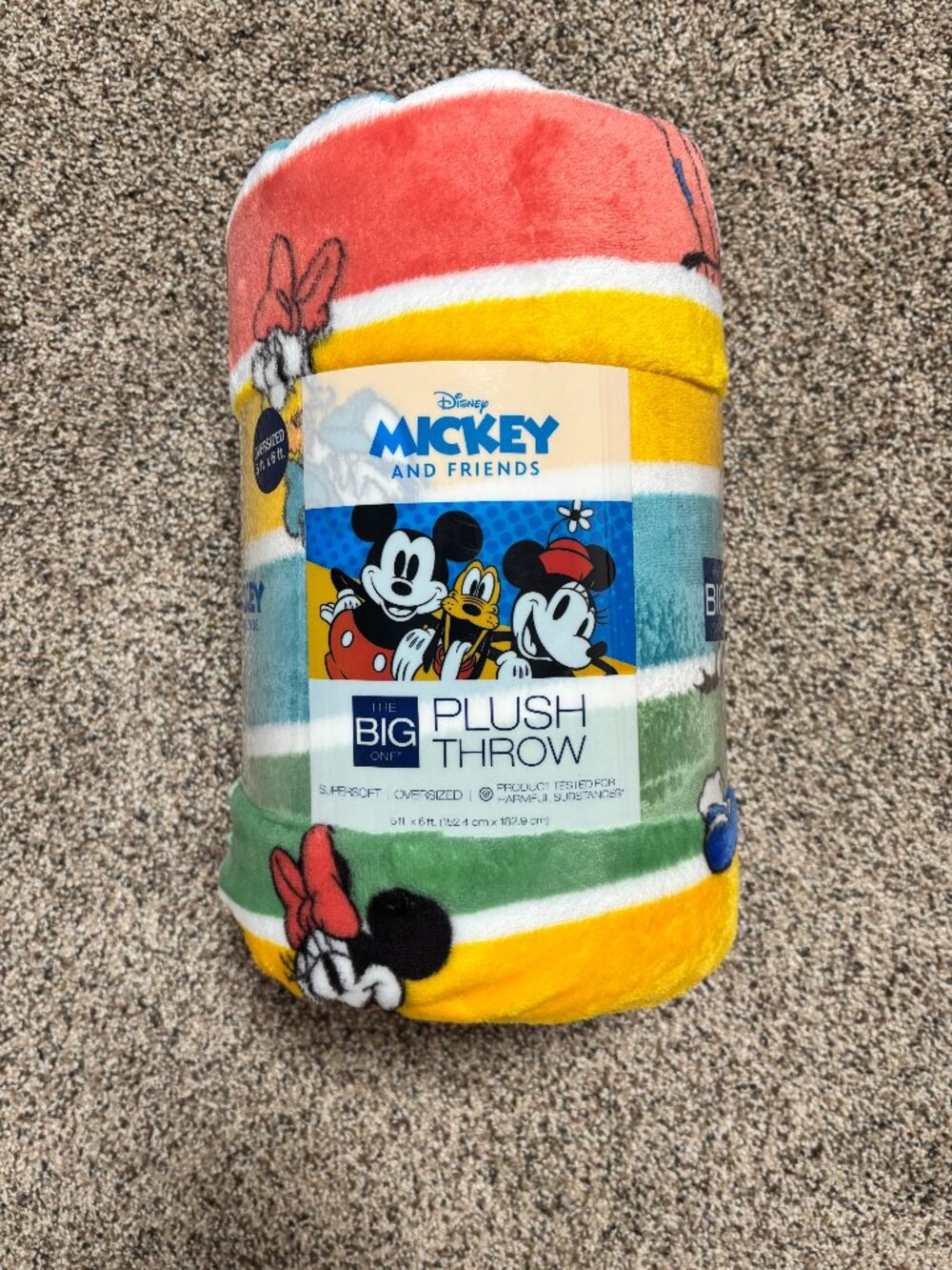 Mickey Mouse & Friends Striped Soft Throw Blanket 5' x 6 ft - The Big One -New